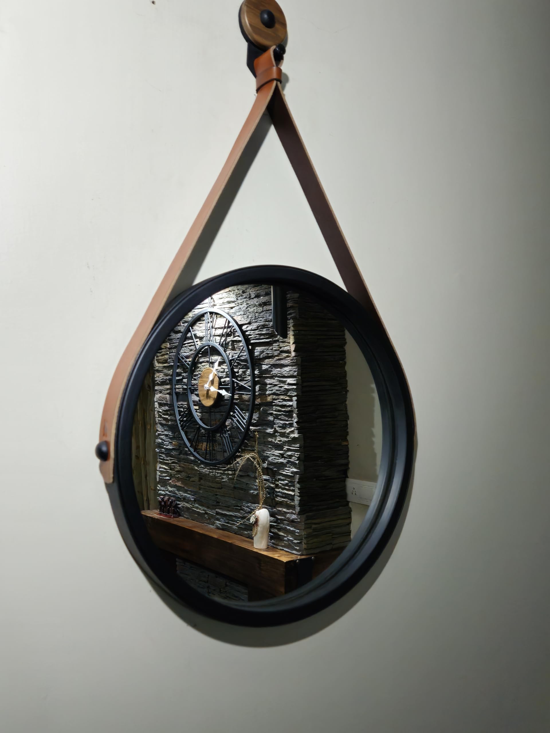 Falcon designs Wall Hanging Mirror with Leather Strap,Minimalistic Mirror with Leather Strap (Black)-picture-17