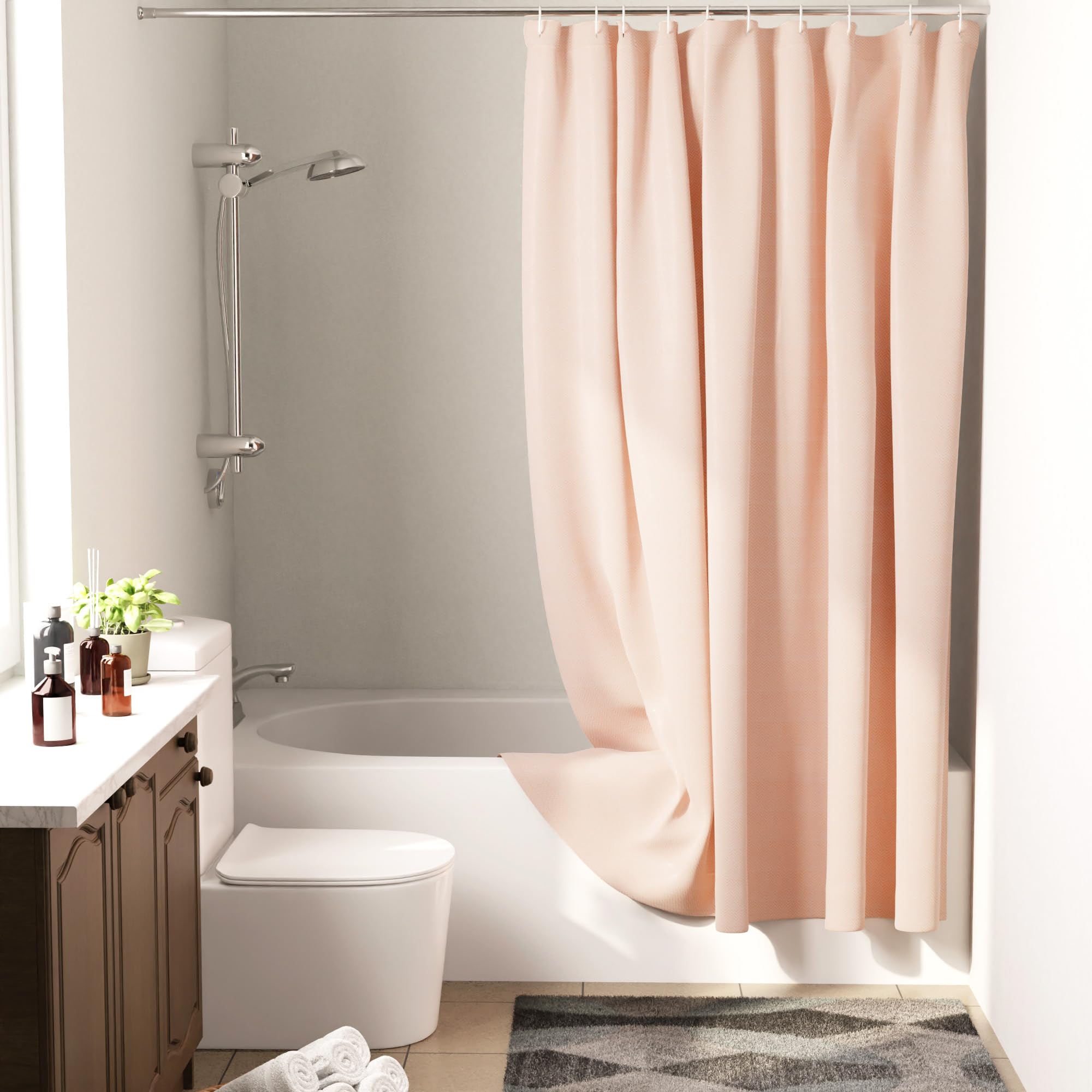 Encasa XO Cortina de Ducha| Impermeable a Prueba de Moho y Resistente al Moho| ZZ durazno Poliéster Cortinas De Baño Lavables De con 10 Ganchos| Fácil instalación| de Secado rápido| 180x180 cm