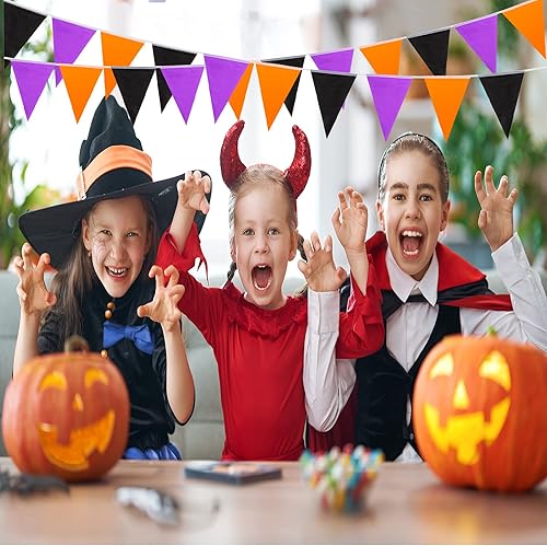 Miniatura 3 de 144 banderines de Halloween de 132 pies de banderines triangulares, banderas de tela morada, naranja, negra, guirnalda de banderines de tela de