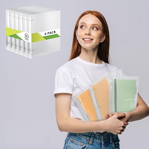 Miniatura 8 de Crtiin Paquete de 6 carpetas de plástico con 3 anillas transparentes con 3 agujeros, cierre de botón a presión, rellenable, con anillas DO,