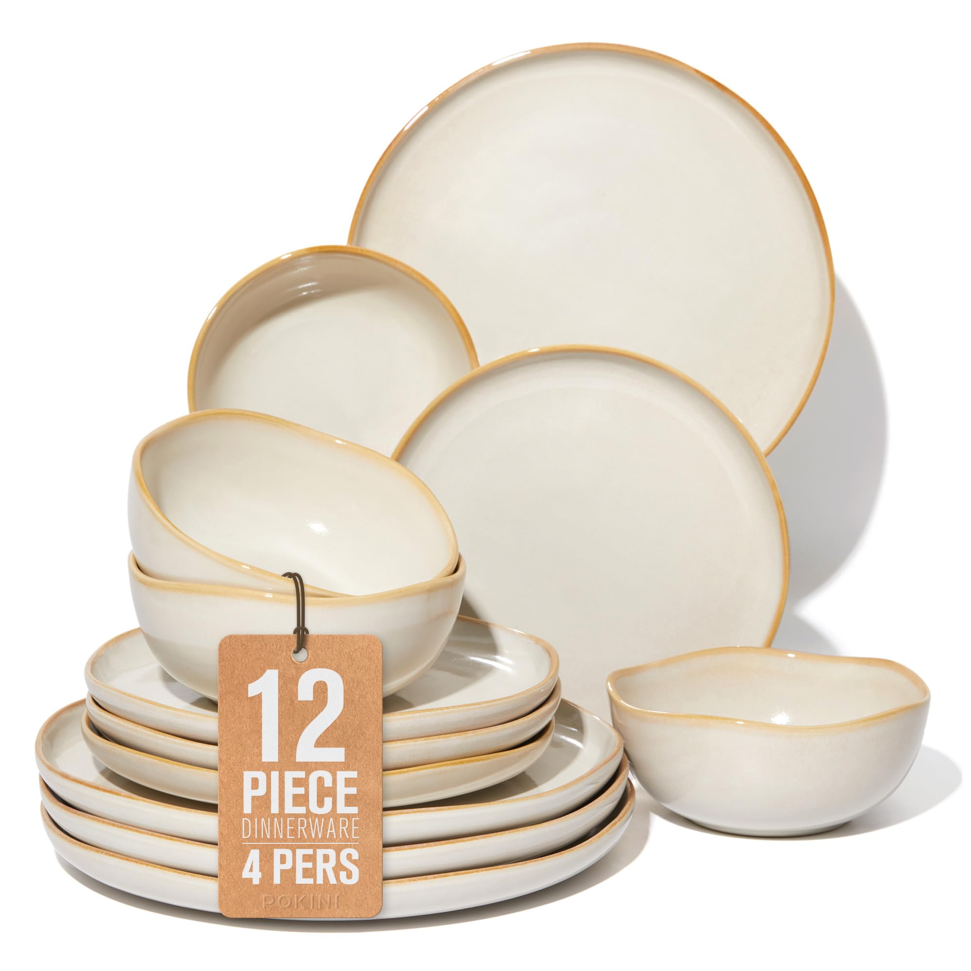 Pokini Stoneware Dinnerware Sets for 4, 12Pcs Ceramic Plates and Bowls Sets