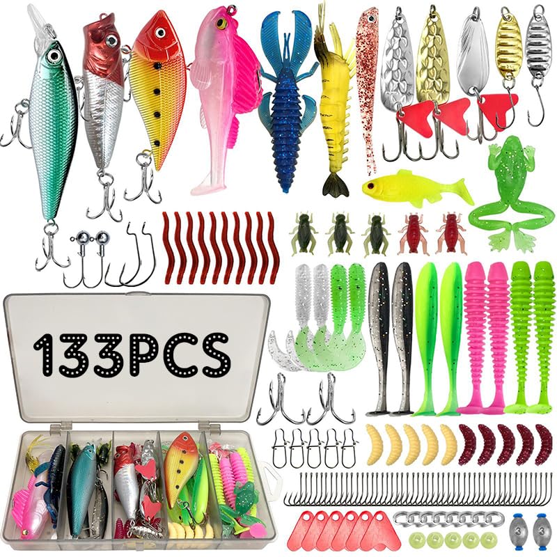 ZhaoCaiWJ 133 Piezas Señuelos de Pesca Kit Completo - Cebos Artificiales Mixtos con Caja de Aparejos: Vinilos, Cucharillas, Ranas y Anzuelos - Equipo de Pesca Spinning para Mar y Río (Black Bass, Truc - 2