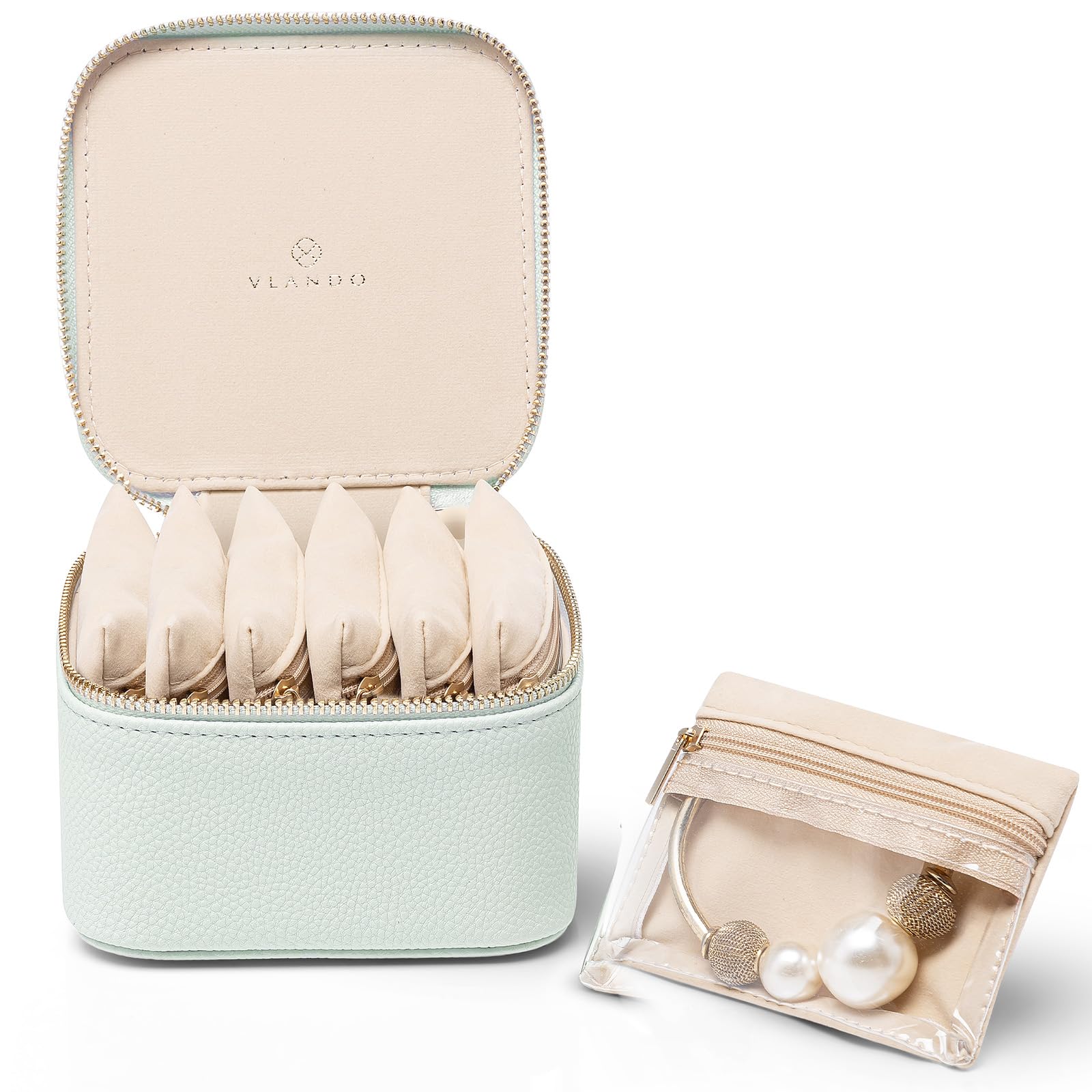 Vlando Travel Jewelry Organizer,Small Jewelry Case Box with 6 Velvet Clear Jewelry Storage Zipper Pockets, Girls Women Gift Ideas for Wedding Party Thanksgiving Christmas-Mint Green