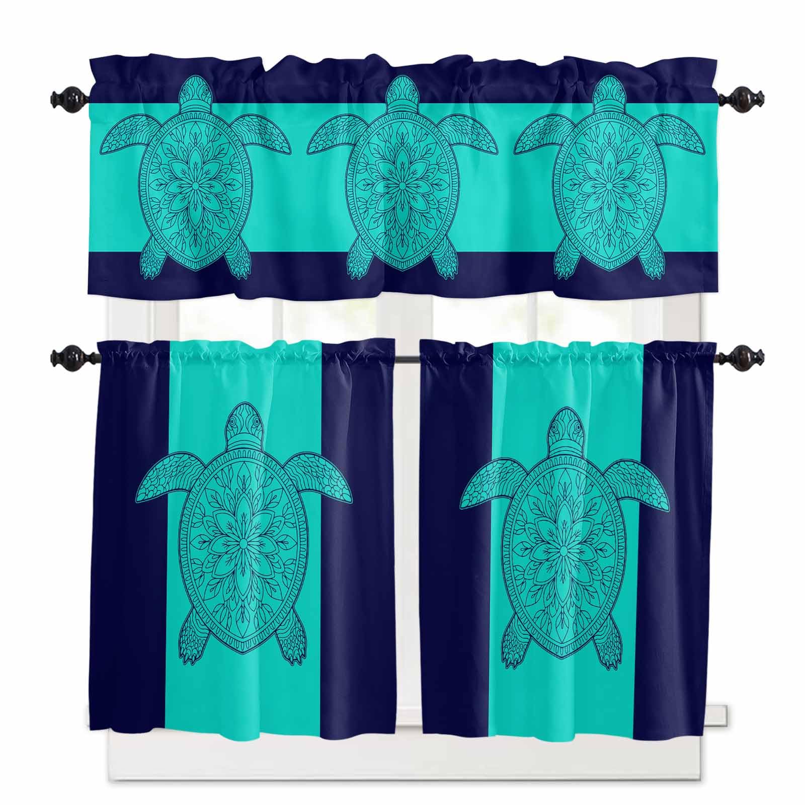 Turtle Mandalas Kitchen Curtains 36 Inch Length,3 Piece Rod Pocket Small Half Tiers and Valance Set,Boho Modern Abstract Blue Stripe Summer Small Large Window Treatment Decor for Bedroom/Bathroom