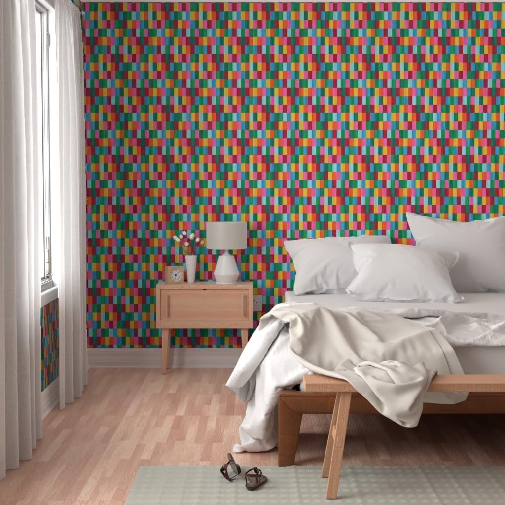 Removable Wallpaper Swatch - Bright Patchwork Modern Geometric Retro Abstract Colorful Green Pink Yellow Checkerboard Summer Custom Pre-Pasted Wallpaper by Spoonflower