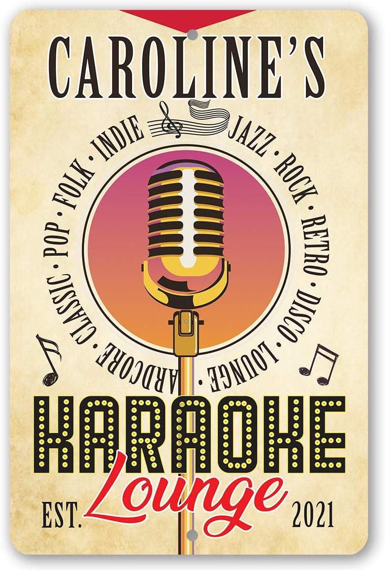 Personalized Karaoke Lounge Sign - Custom Print Name and Year Established, Great Karaoke Bar Sign, Home Recording Decor and Housewarming Gift, 8x12 or 12x18 Use Indoors or Outdoors Classic Metal Sign