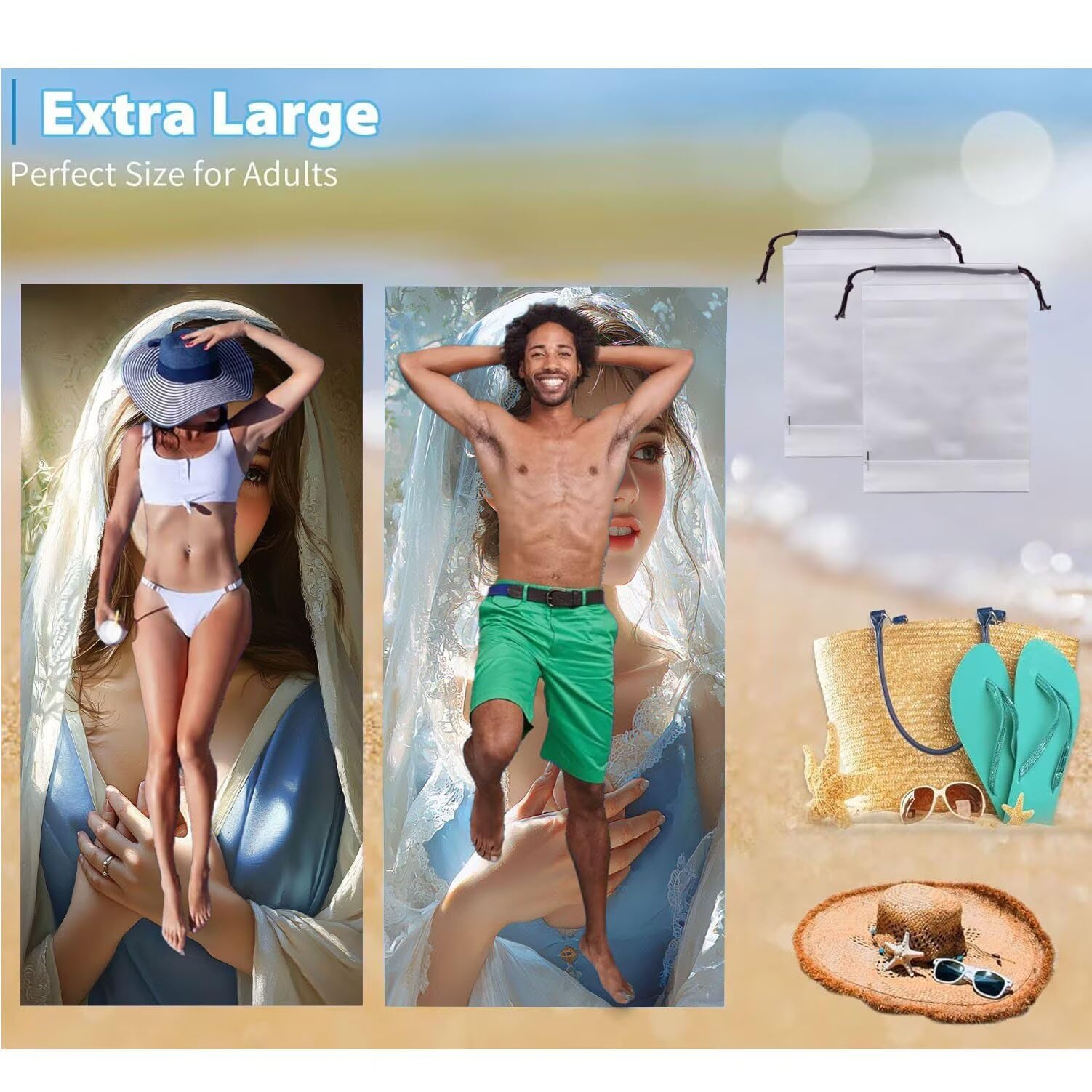Toalla Playa 100 x 200 cm, Juego de 2 Toallas Microfibra Grande de Secado Rápido, Absorbente, Compacto, Toalla de BañO Sin Arena Verano Manta de Playa Mujer para Baño Regalo (Beautiful Woman) H-720