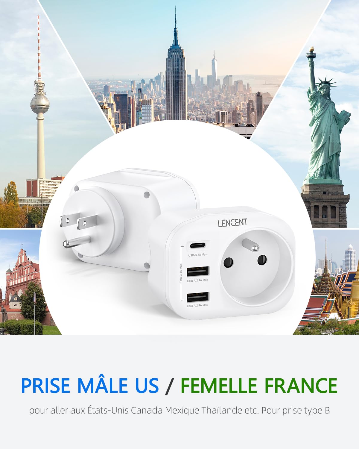 LENCENT Adaptateur Prise USA Américaine Canada Mexique Thaïlande Adaptateur de Voyage 2 Ports USB et 1 Port USB-C adapté aux États-Unis, Adaptateur électrique Mâle USA/Femelle France, Type B