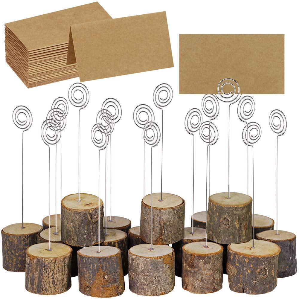 Voarge Soporte de madera rústica, con base de madera real, Memo Clip Portafotos Portanotas de Tocón Soporte para Tarjetas de Mesa Titular de Número y Foto (20pcs con clip)