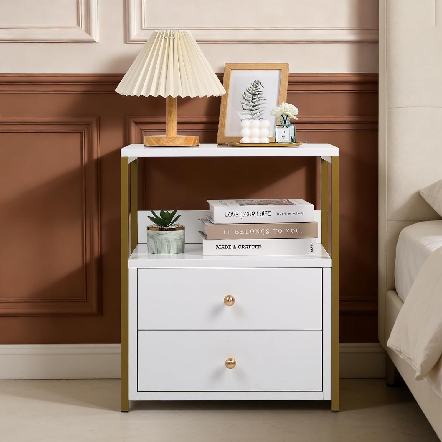 Wood Nightstand with Drawers Shelf, White Bedside Table Storage for Bedroom Living Room
