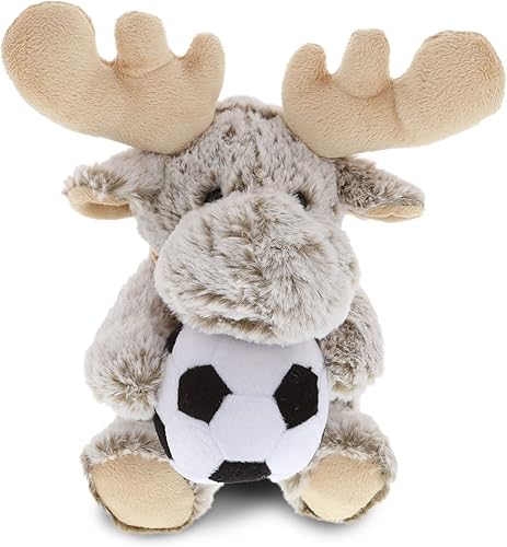 DolliBu Peluche de alce con pelota de fútbol, suave alce abrazable, adorable juguete de peluche de alce, bonito regalo de vida silvestre para niños