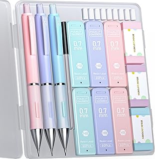 Four Candies Pastel Mechanical Pencil Set - 3PCS 0.7mm Mechanical Pencils with 360PCS HB Lead Refills, 3PCS Erasers & 9PCS Eraser Refills, Cute Colored Mechanical Pencils for Drawing & Writing