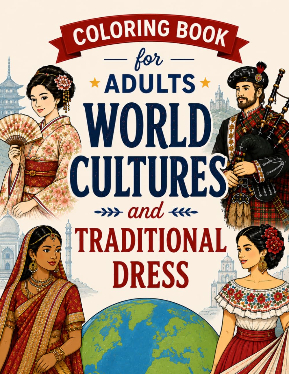 World Cultures and Traditional Dress Coloring Book for Adults: Beautiful People in Folk Costumes from Japan, Scotland, India, Korea and Nations Around the Globe for Relaxation
