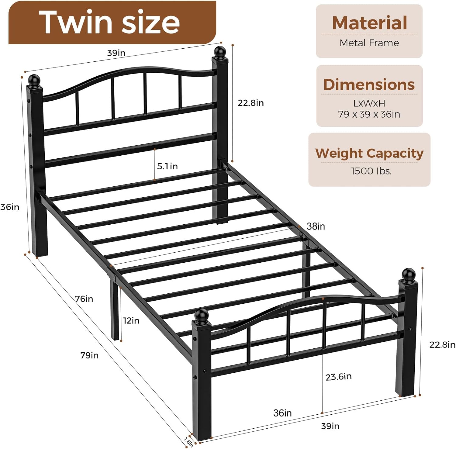 Metal Twin Bed Frames, Noise-Free Design & Underbed Storage Heavy Duty Bed Frames with Headboard No Box Spring Needed/Tool-Free Assembly - Image 2