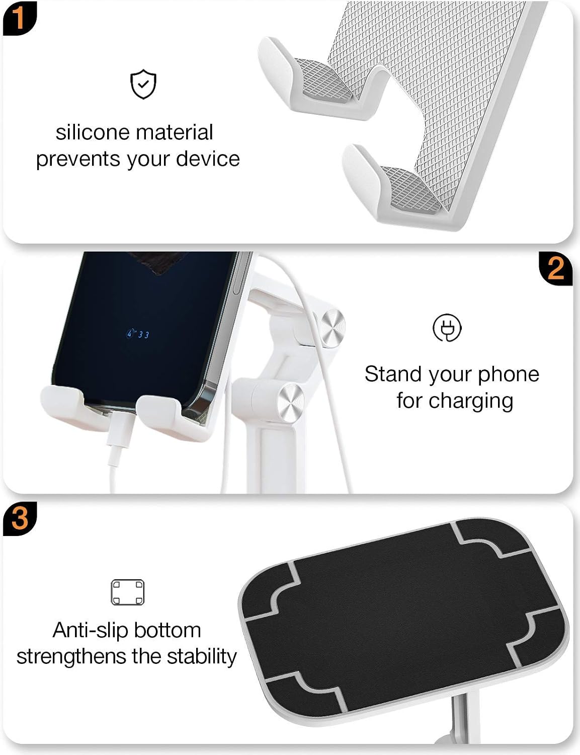OETNE Cell Phone Holder, Adjustable Desktop Cell Phone Stand Cradle Dock Compatible Tablet Stand,iPhone Stand ipad Foldable Phone Stand for Desk Thick Case Phone ,Compatible 4-10in(White)