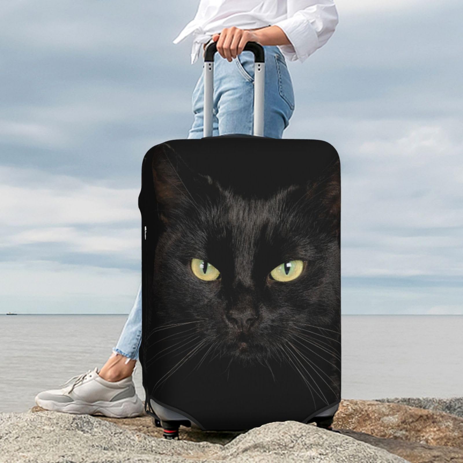 Cool Black Cat con gli occhi verdi copertura per bagagli elastico lavabile elasticizzato valigia da viaggio protezione antigraffio per bambini e adulti, Gatto, M, Per uso