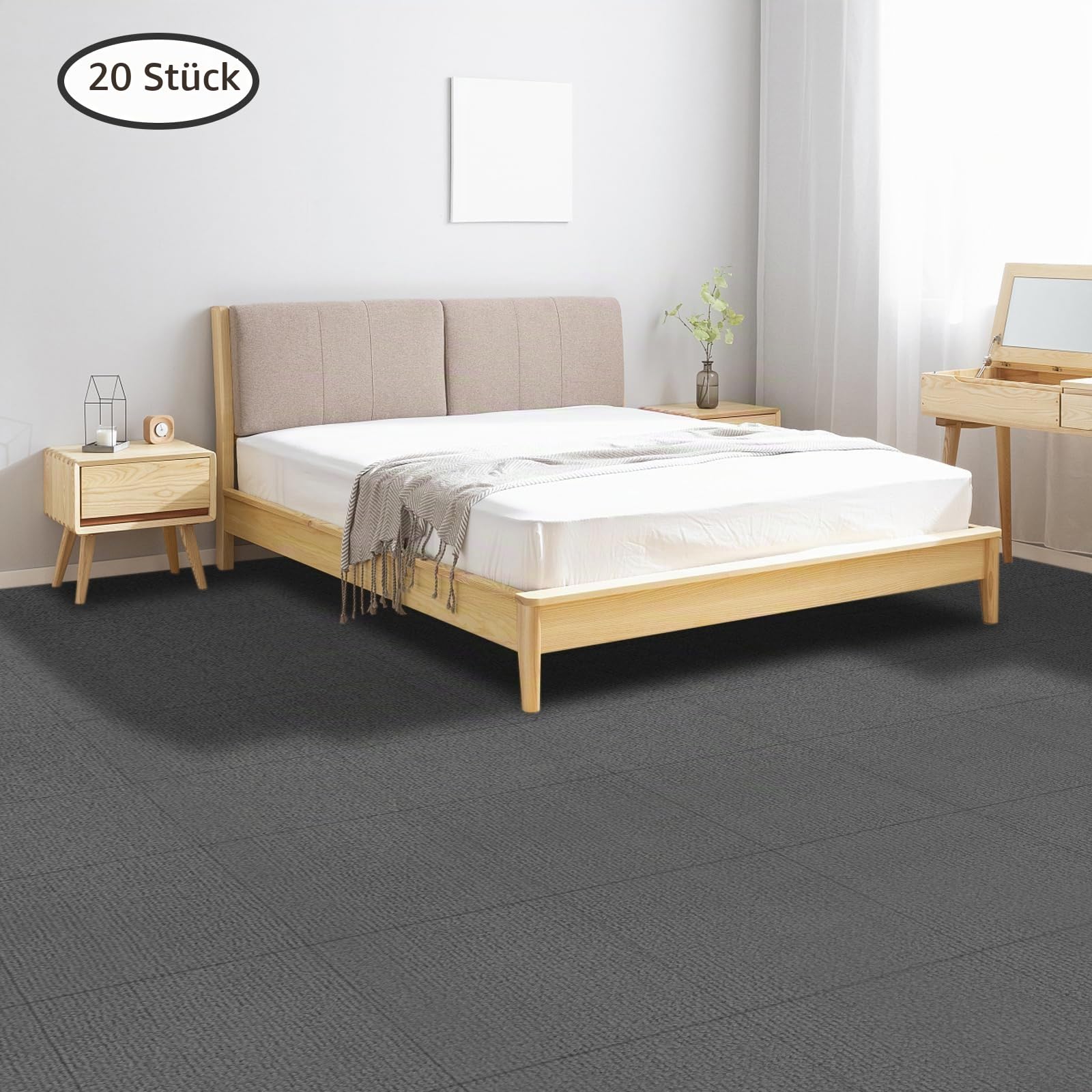 20 Stück 50x50cm Quadratischer Teppich Selbstklebender Bodenteppich Adsorptionstyp Polyester Hellgrau 5mm Dicke für Wohnzimmer Flur Spielzimmer Büro Hotel und mehr
