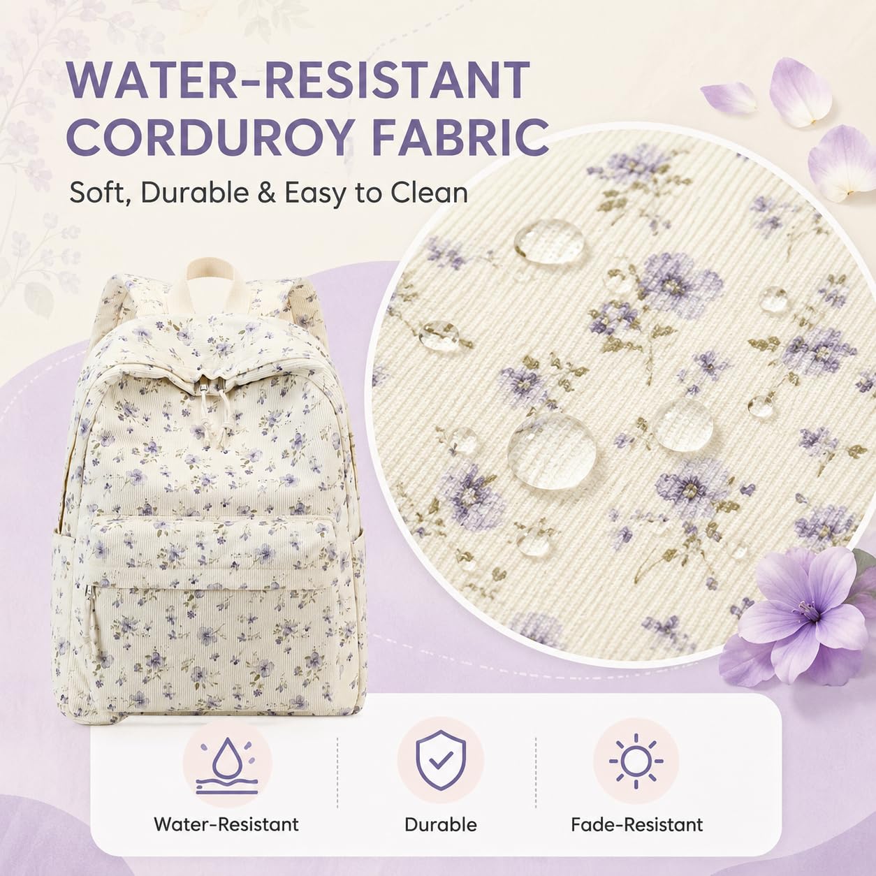 BTOOP Schulrucksack für Teenager, groß, aus Kord, Büchertasche, leicht, für Mädchen und Jungen, leger, High School College Rucksäcke, Grace Purple Flower, Medium, Tagesrucksäcke
