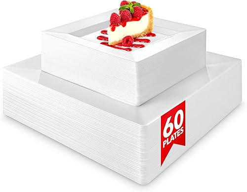 Miniatura 1 de Stock Your Home 60 platos de plástico cuadrados blancos de alta calidad, platos desechables elegantes para fiestas, juegos de vajilla de boda
