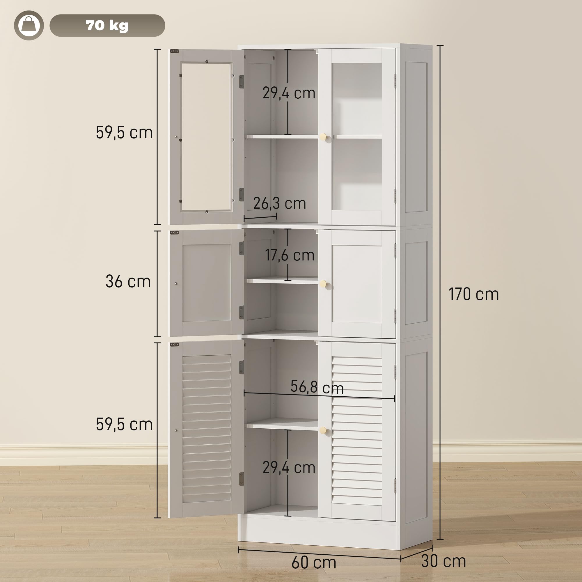 HOMCOM Armario de Baño Alto con Baldas, Puertas Vidrio, 60x30x170cm Blanco | Columna de Baño Estrecha, Puertas de Lamas