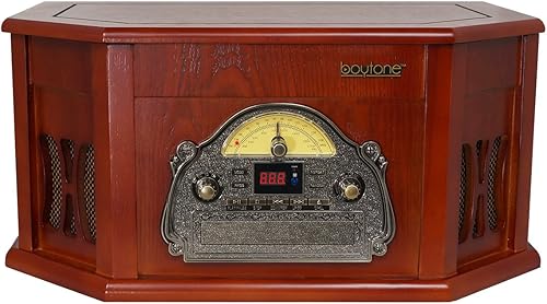 Miniatura 3 de Boytone BT-25CH 8-en-1 Sistema de tocadiscos clásico de madera natural estéreo con conexión Bluetooth, reproductor de discos de vinilo, AMFM, CD,