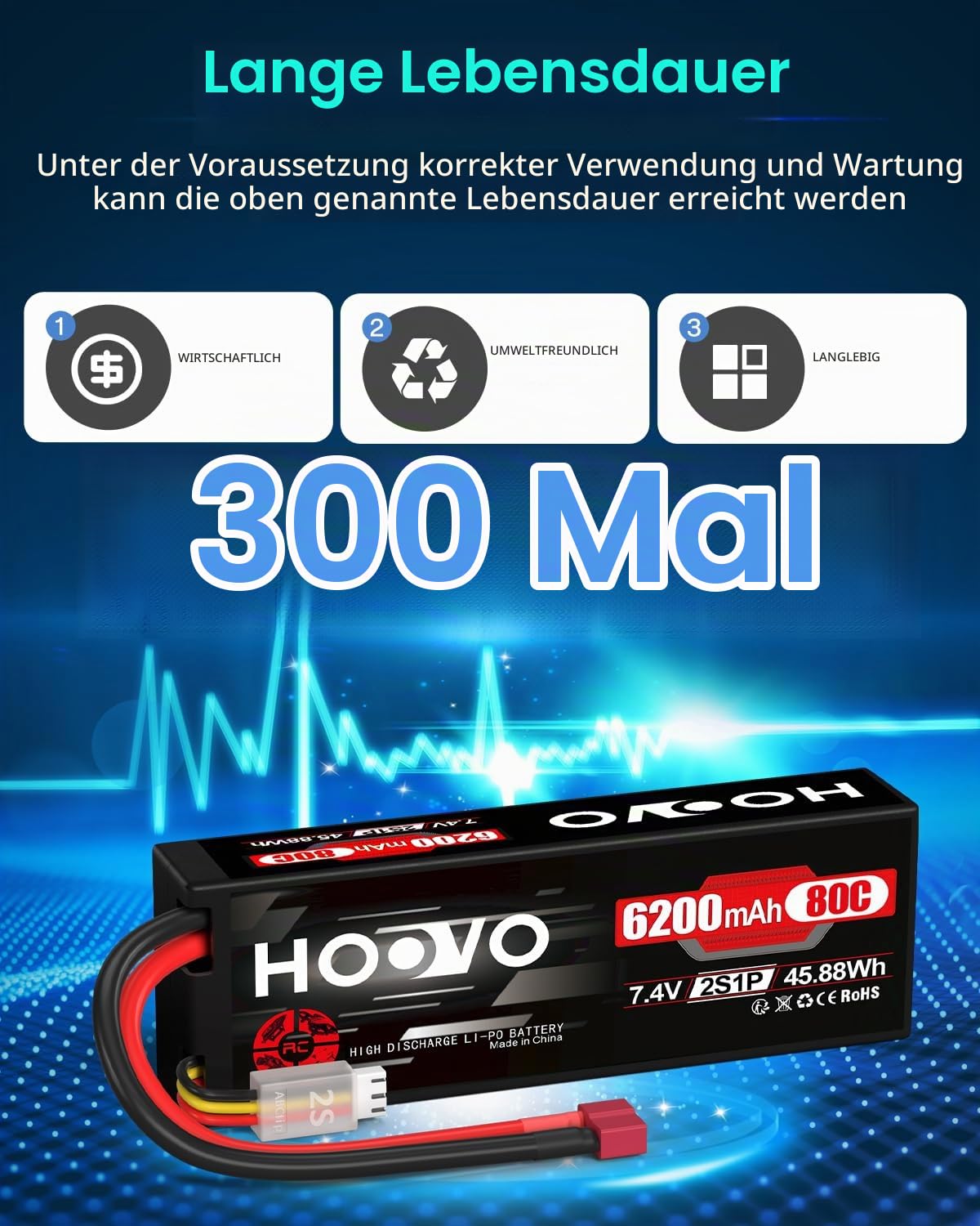 2S Lipo Akku 7,4V 80C 6200mAh RC Batterie mit Dean-Style T Stecker Battery HOOVO für RC Auto Flugzeug Helikopter Boot Buggy Quadcopter (2 Packungen)