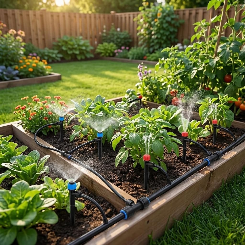 Système d'Arrosage Automatique Goutte à Goutte, Kit d'Irrigation Facile pour et Potager, Connexion Rapide PE/POM, Économie d'Eau, Système d'irrigation goutte à (7465)
