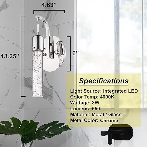 Miniatura 2 de Vivio Lighting Moderno aplique de pared LED  1 luz de cristal para baño y dormitorio, pasillo, sala de estar, lámpara con vidrio transparente de