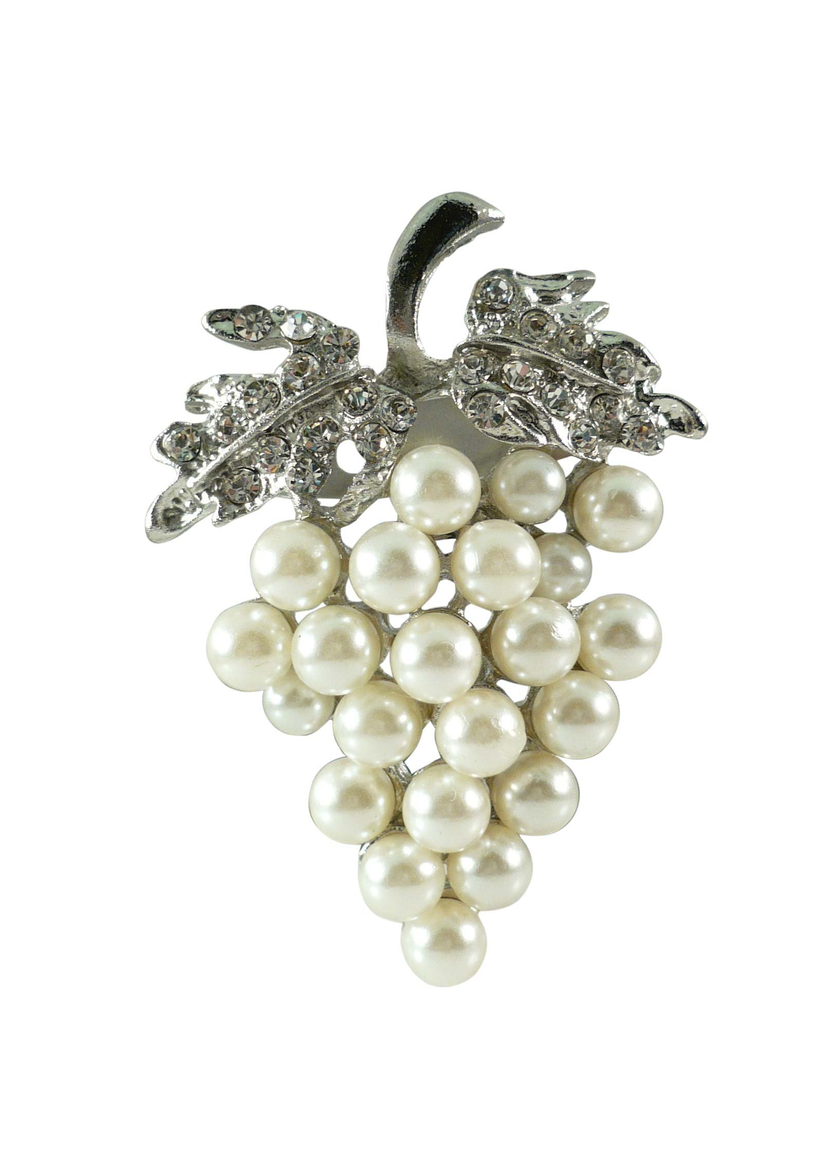 Silvertone Clear Rhinestone Simulated Pearls Grape Cluster Pin 1305