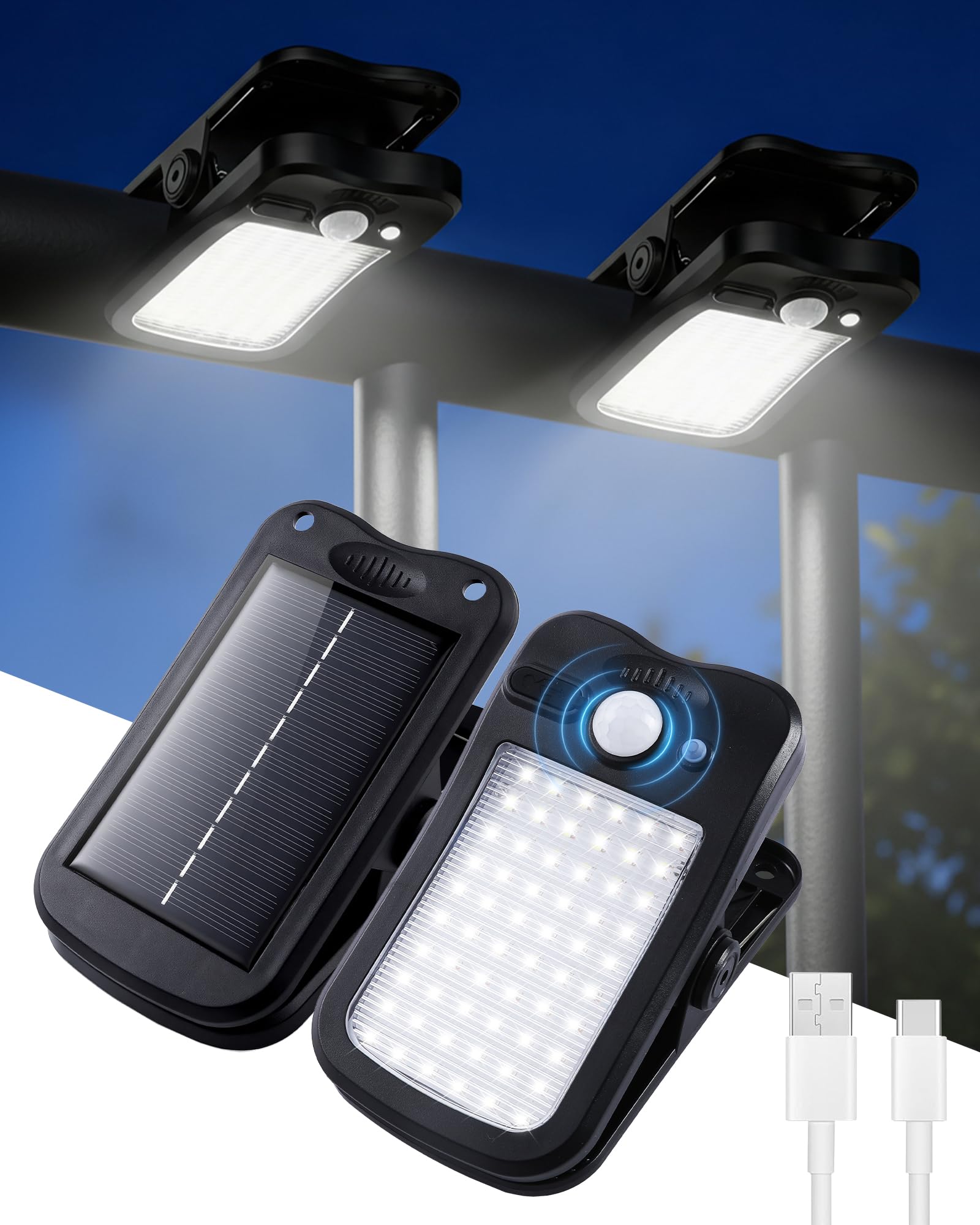 FabStyl Solarleuchten für Außen mit Bewegungsmelder, Clip-on Design mit 60 LEDs und Solar-Bewegungsmelder-Klemme, 3 Modi, IP65 Wasserdicht für Zaun, Dachrinne und Garten Beleuchtung Solar (2 Stück)