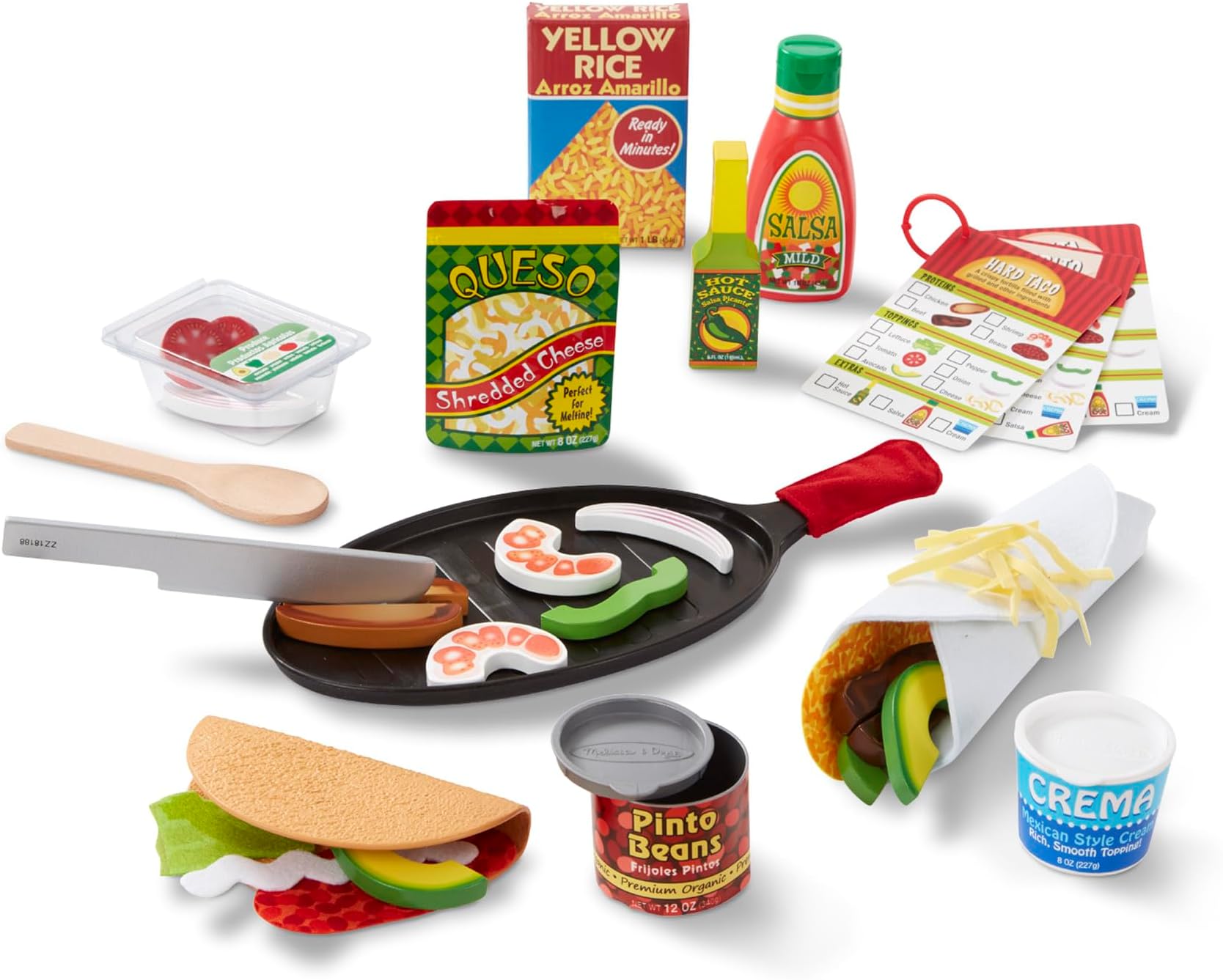 Fill & Fold Taco & Tortilla Set – 43-Piece Pretend Play Food Set with Felt Toppings, Wooden Food, Taco Shells & Tortilla – Kids Ages 3+ Role Play Toy | MD9370