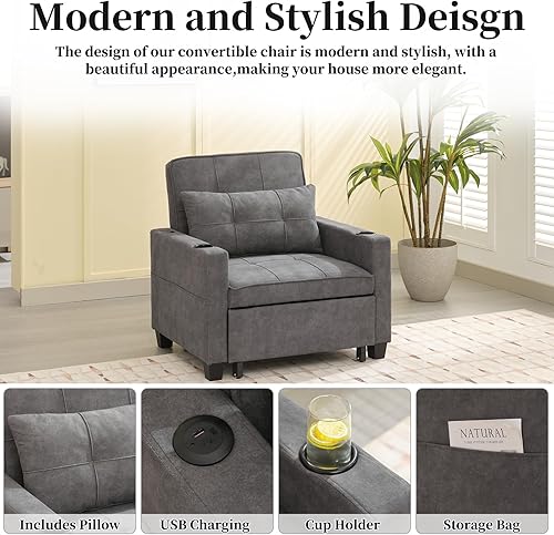 Vista 11 de Silla de cama convertible, sofá cama extraíble con respaldo ajustable, tela de lino, silla convertible con bolsillo lateral para sala de estar