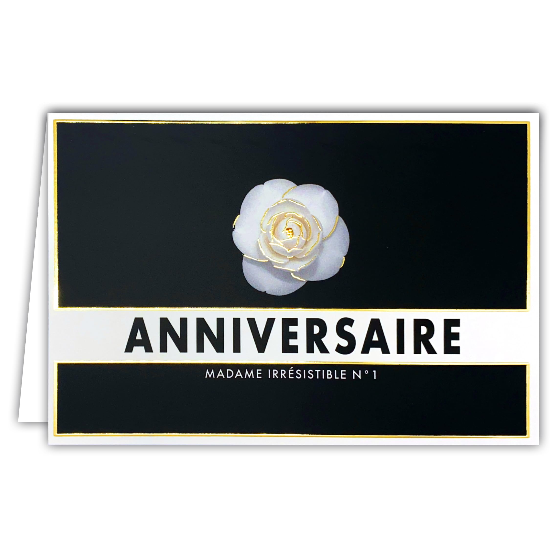 69-5156 Birthday Greeting Card Madame Irresistible No. 1 Black and Gold Gilding Shiny White Camellia Flower Chic Elegant for Women – With Envelope 12 x 17.5 cm – Luxury Collection – Made in France
