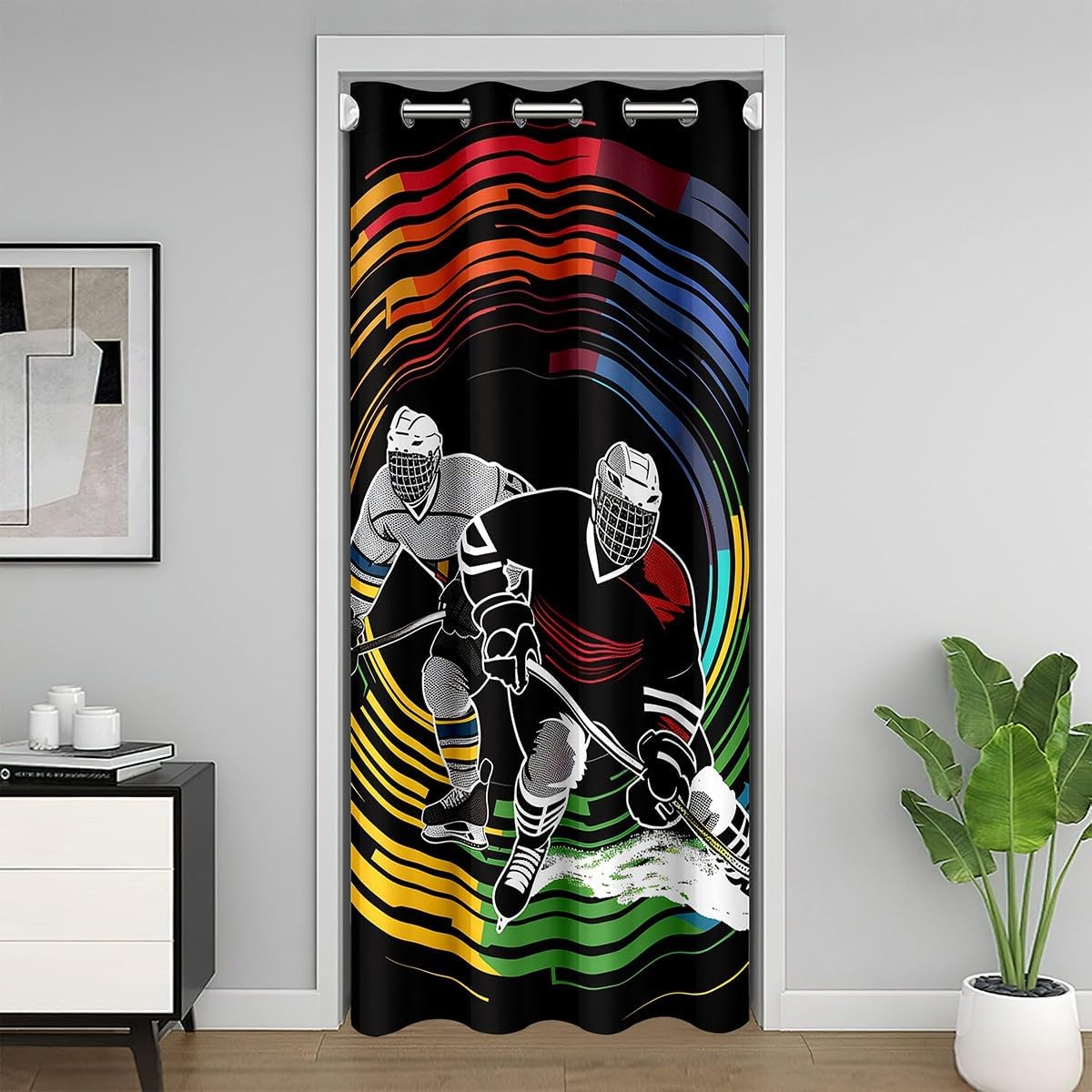 jejeloiu Ice Hockey Door Curtain for Doorway Privacy Kids Puck Hockey Doors with Windows 52x84 Inch 1 Panel Ice Sports Games 30%-50% Room Darkening Blackout Curtain Winter Sports