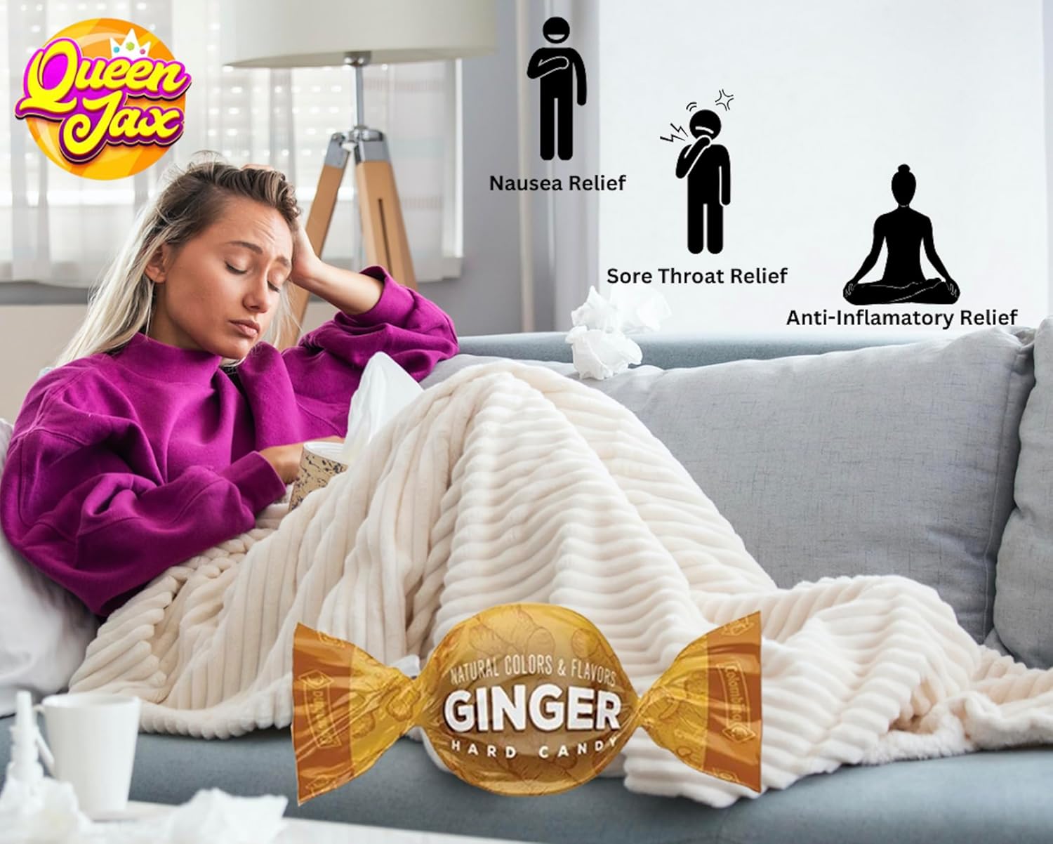 Ginger Candy - 4 LB - Unique Candy Made with Cane Sugar - Healthy Candy - Hard Ginger Candy for Nausea - Spicy Candy - Gluten Free Candy - Ginger Hard Candy Bulk, Anti Nausea Candy - Queen Jax