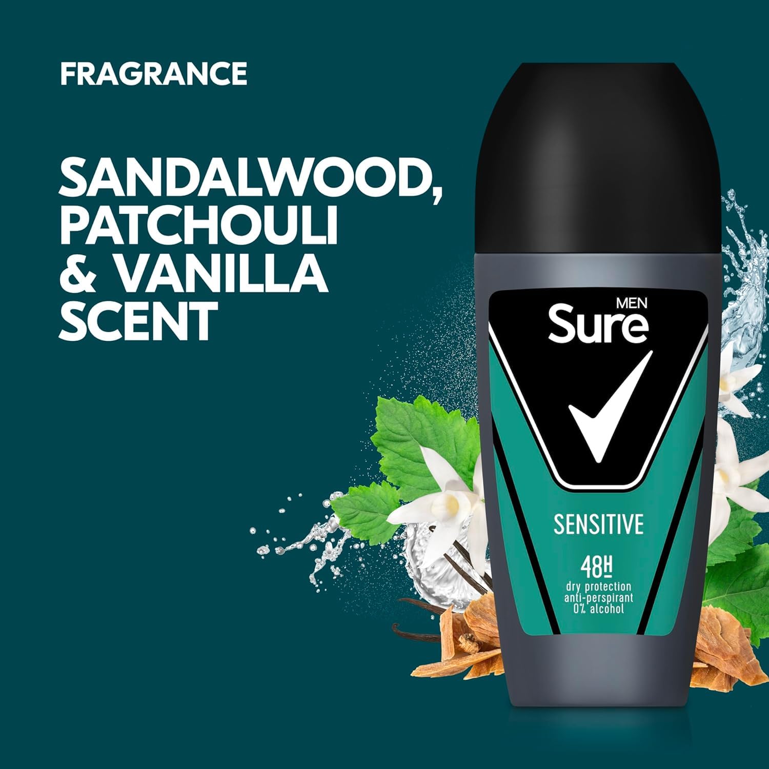 Sure Deodorante antitraspirante roll on Sensitive 48H protezione da sudore e odori con fragranza al legno di sandalo, patchouli e vaniglia, per uomo, 50 ml, confezione da 3