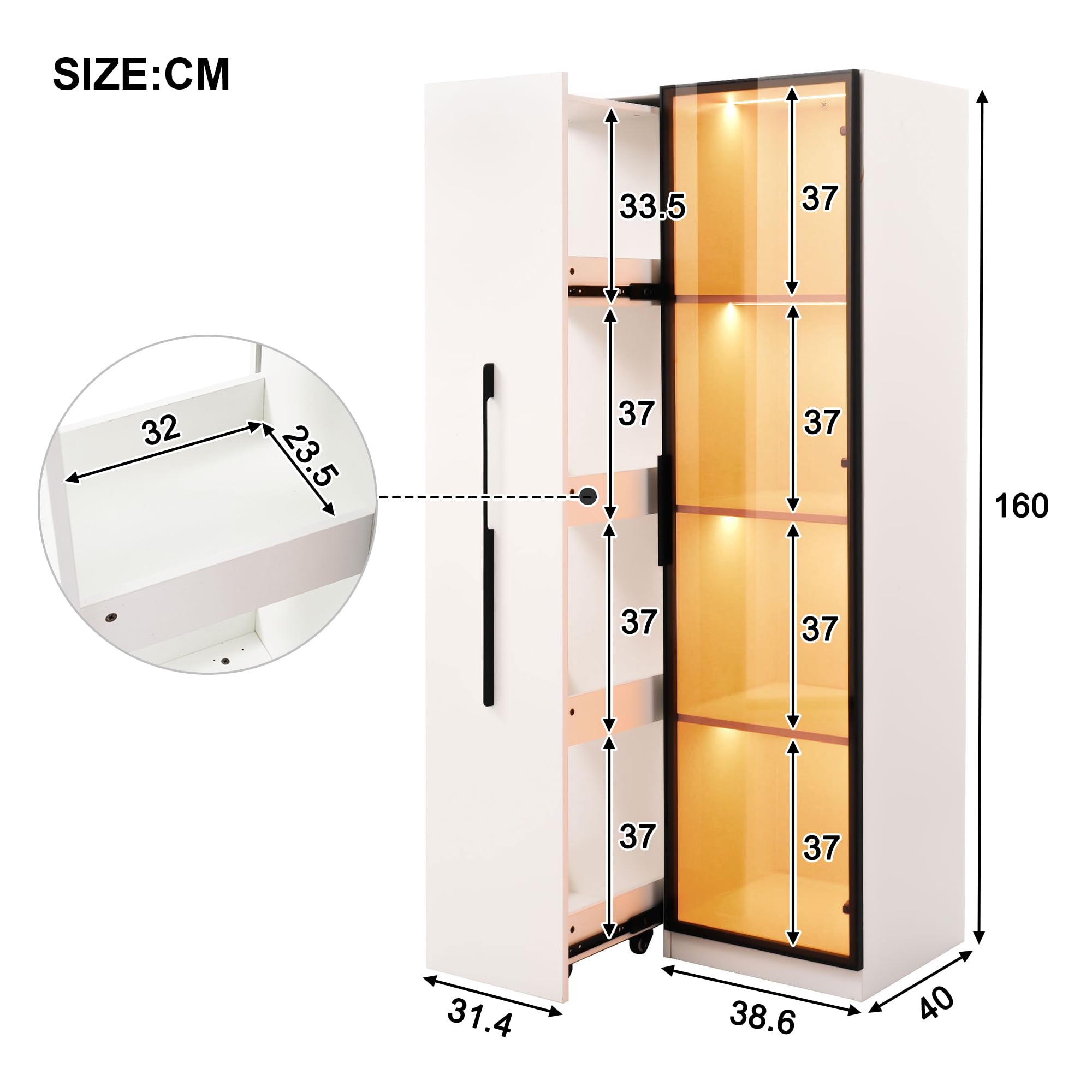 Libreria multifunzione vetrina 40 x 70 x 160 cm, con ante in vetro temperato, telaio in alluminio, 1 porta, 1 cassetto laterale, ruote, bianco