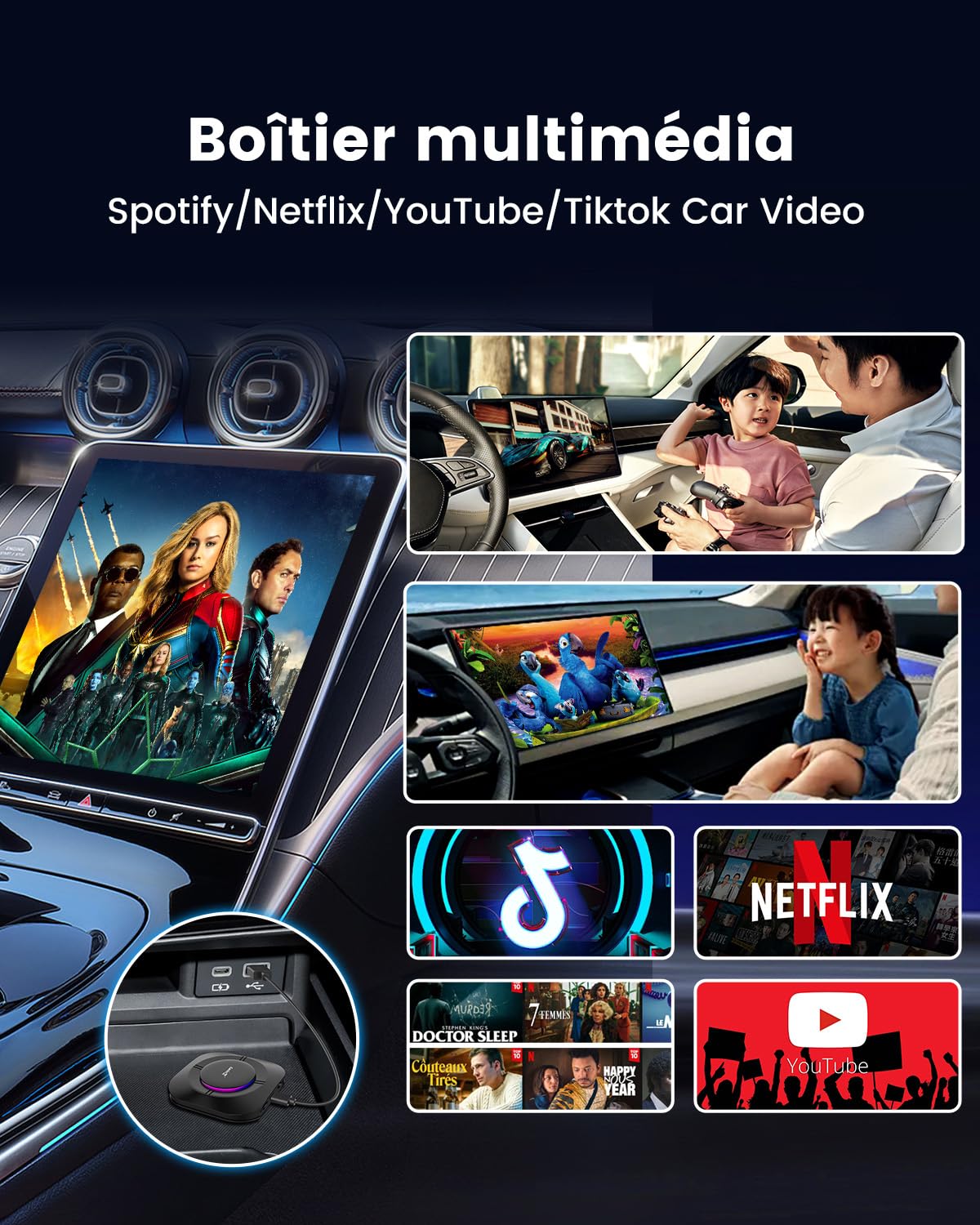 CarlinKit Aibox-Plus Android 13.0 Adaptateur 8 + 128 Go autonome sans fil CarPlay et Android Auto Boîte multimédia 3 en 1 pour voiture avec câble CarPlay
