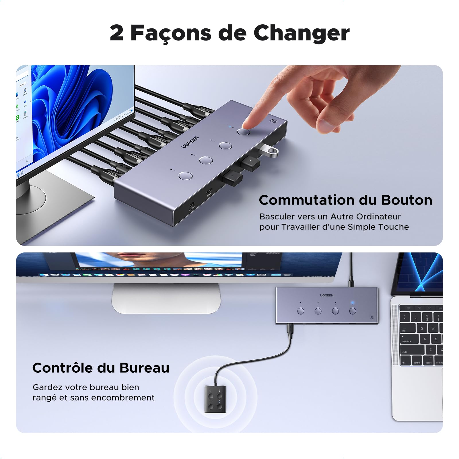UGREEN Switch HDMI KVM 8K 60Hz 4K 240Hz 4 Entrées 1 Sortie | Commutateur KVM Switch avec 4 Ports USB 5Gbps 3A1C pour Clavier Souris Disque Dur avec Contrôleur de Bureau et Câbles HDMI