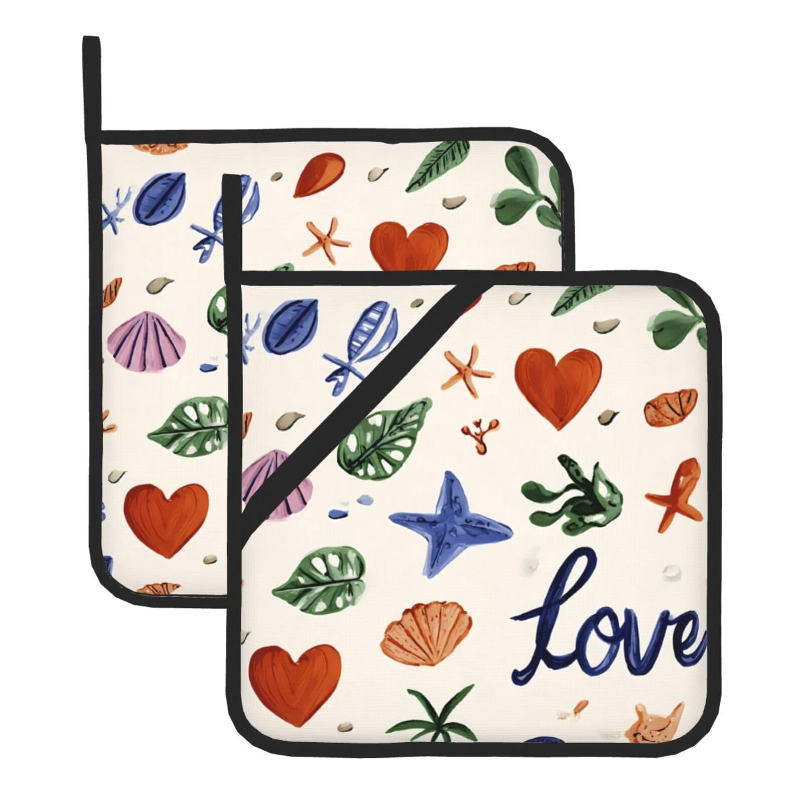 HJFCZH Love Beach Printed Square Insulated Pot Mat Set (2-Piece) 8x8in Waterproof, Thickened & Easy to Clean with Lanyard Design for Kitchen, Oven & BBQ
