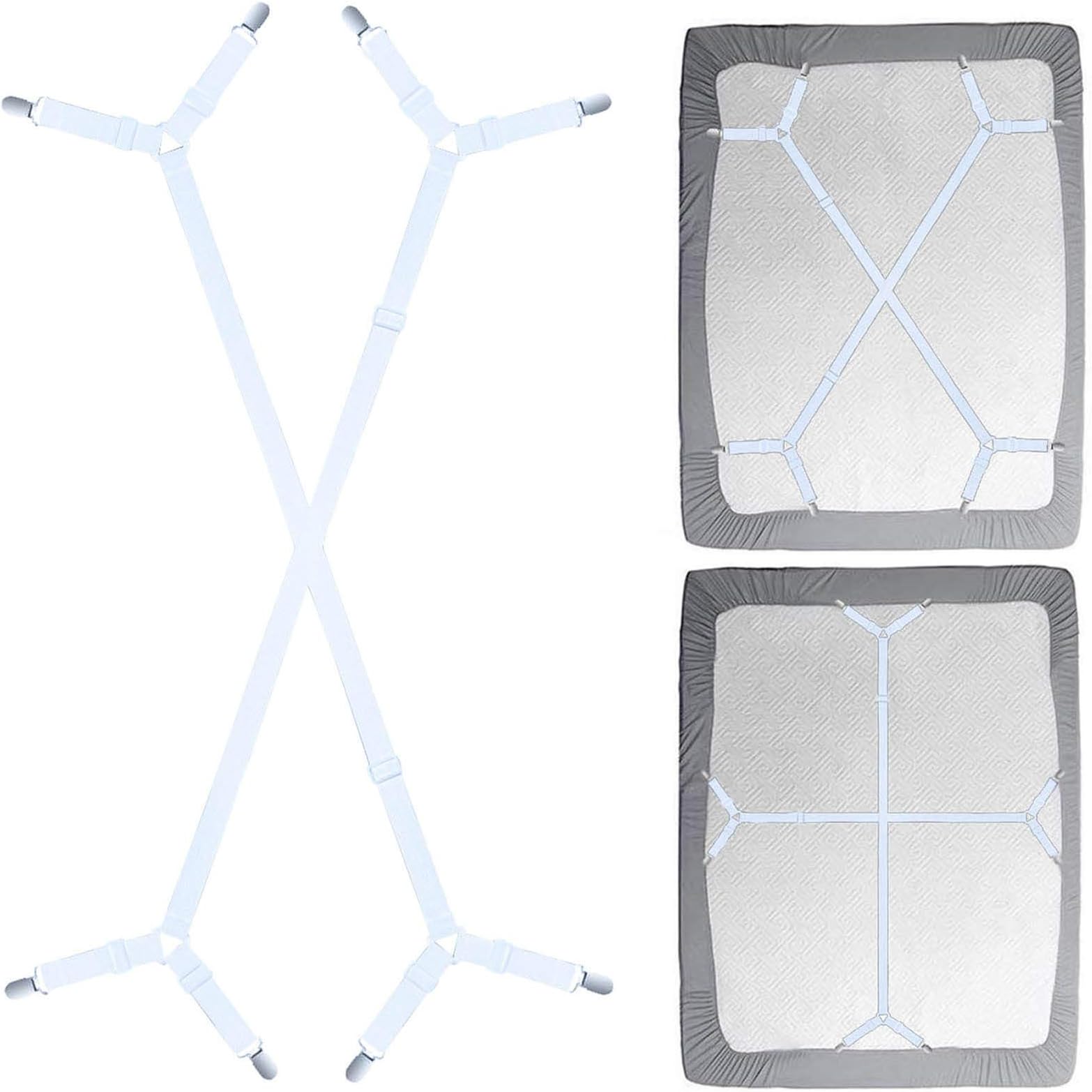 Sheet Fasteners Suspenders Straps - Adjustable Crisscross Bed Sheets Holder Clips Elastic Band Sheet Keeper Stays Grippers,2Pcs/Set White