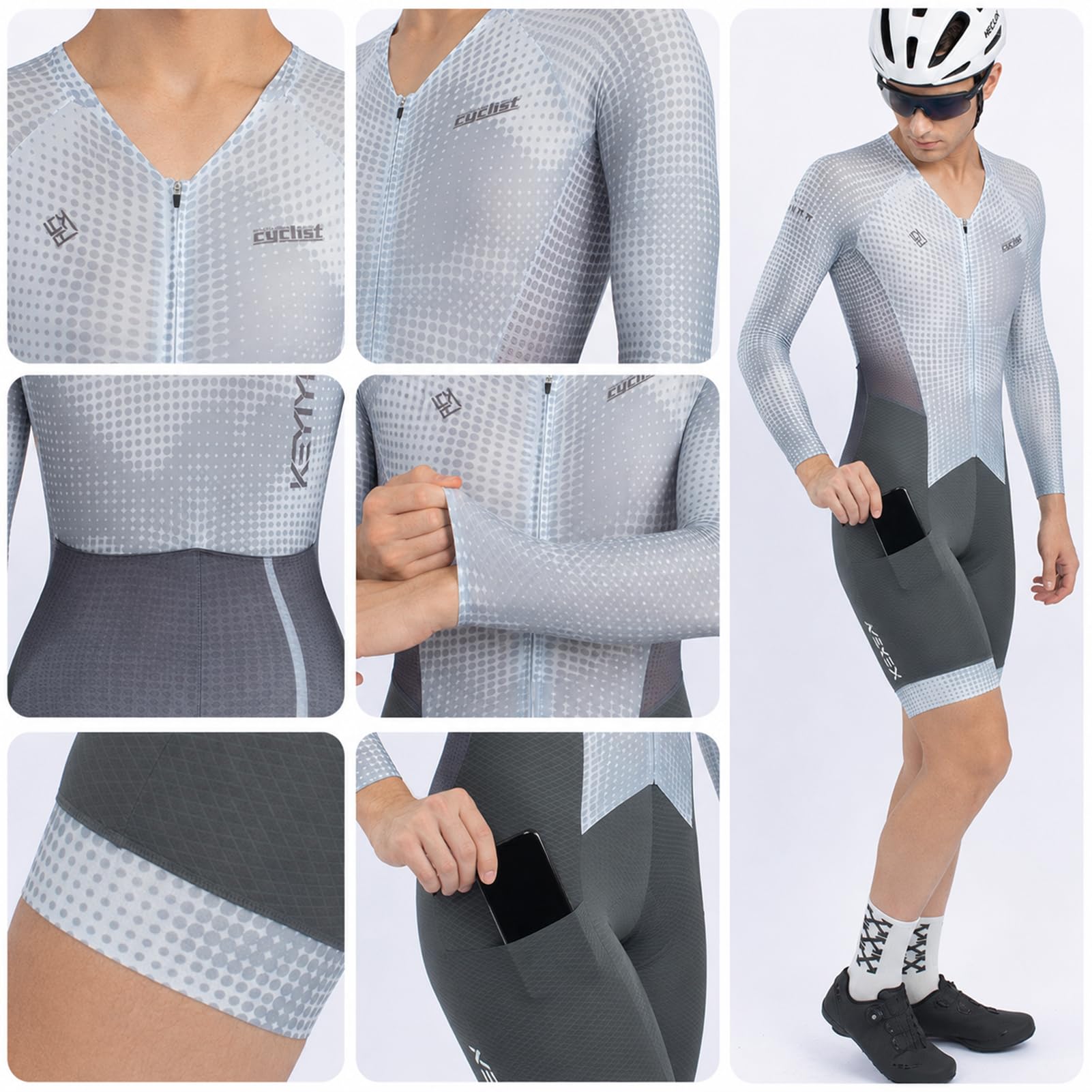 Tuta Ciclismo Uomo Manica Lunga – Aero, Fondello Alta Densità | Traspirante, asciugatura rapida, 3 tasche posteriori, UPF 50+, protezione UV, per ciclismo su strada & triathlon