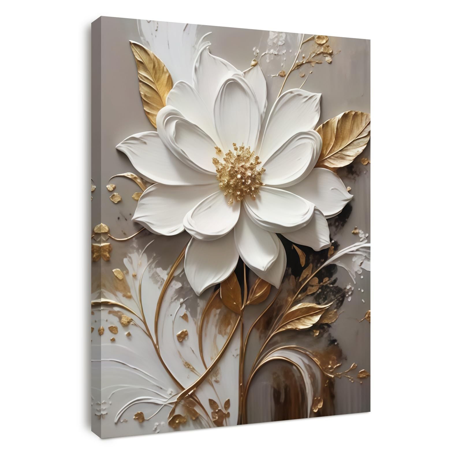 Alptiny White Flower Canvas Wall Art - Elegant Floral Artwork with Gold Accents for Living Room, Bedroom, and Hallway, Modern Flower Wall Decor for Home