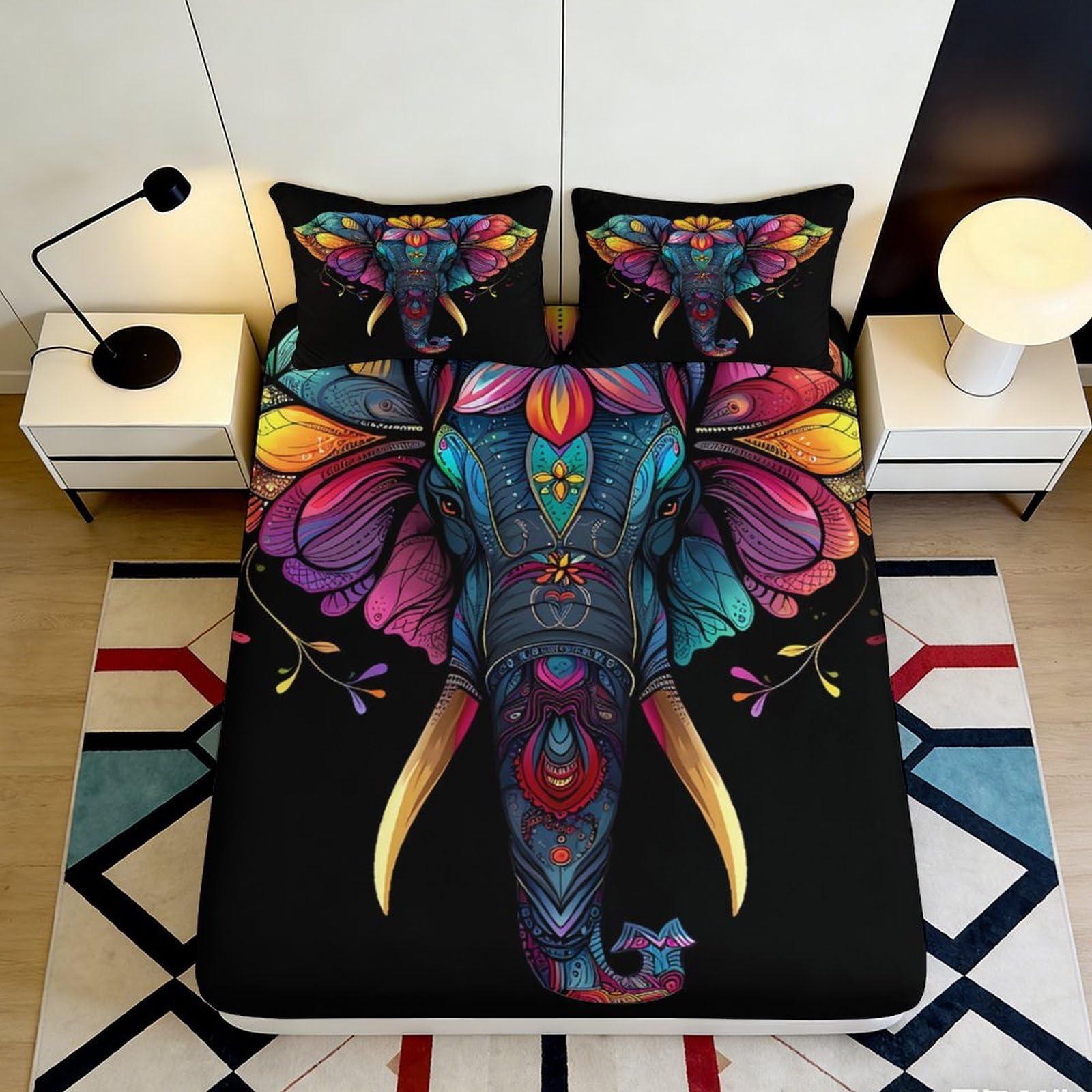 3D Printed Colorful Elephant Fitted Sheet Microfiber Vibrant Animal Bed Cover for Bedroom Dorm Mattress Protection Decor 90x200x25cm
