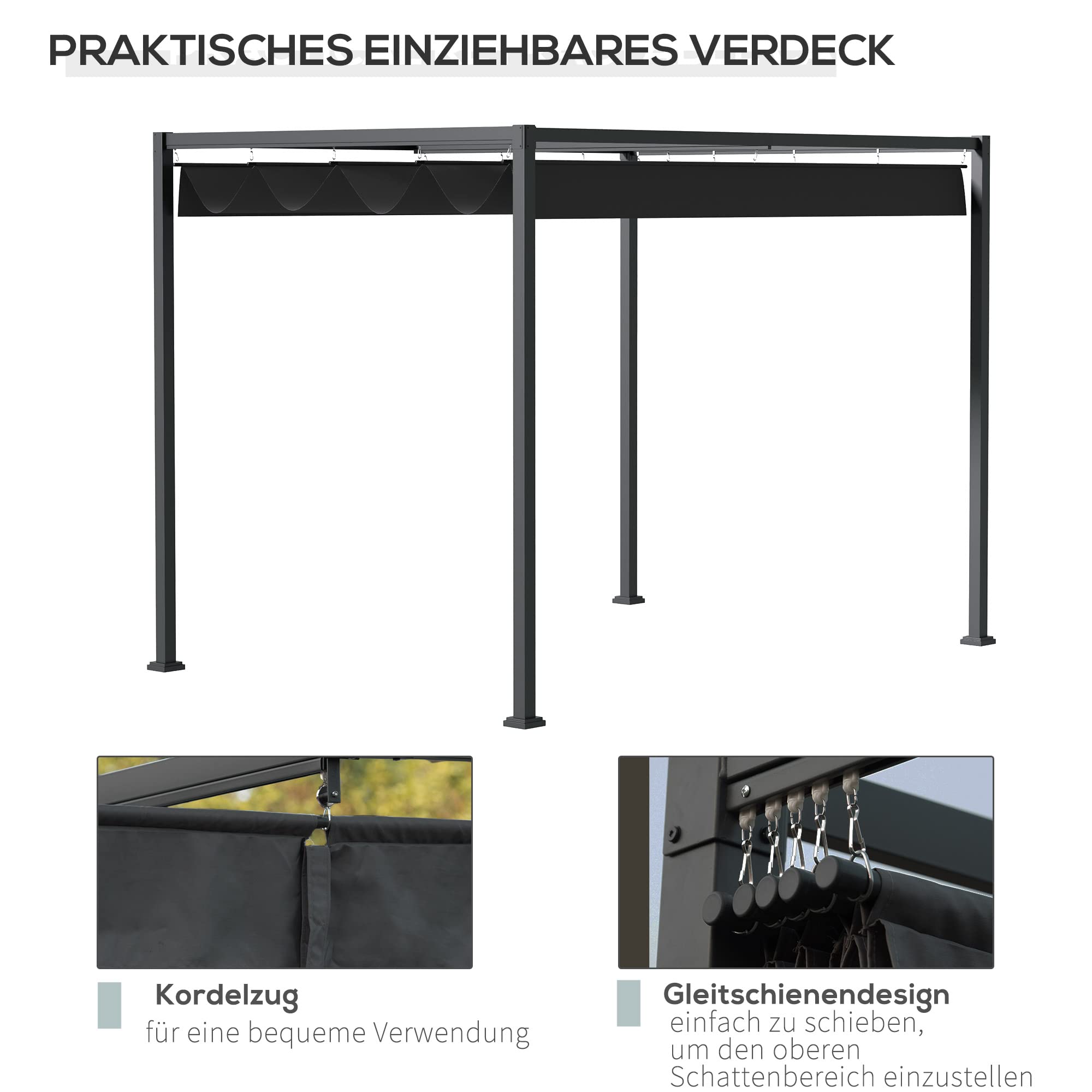 Outsunny Pergola Pawilon zadaszenie tarasu z rozsuwanym dachem, poliester czarny 298 x 213 x 222 cm