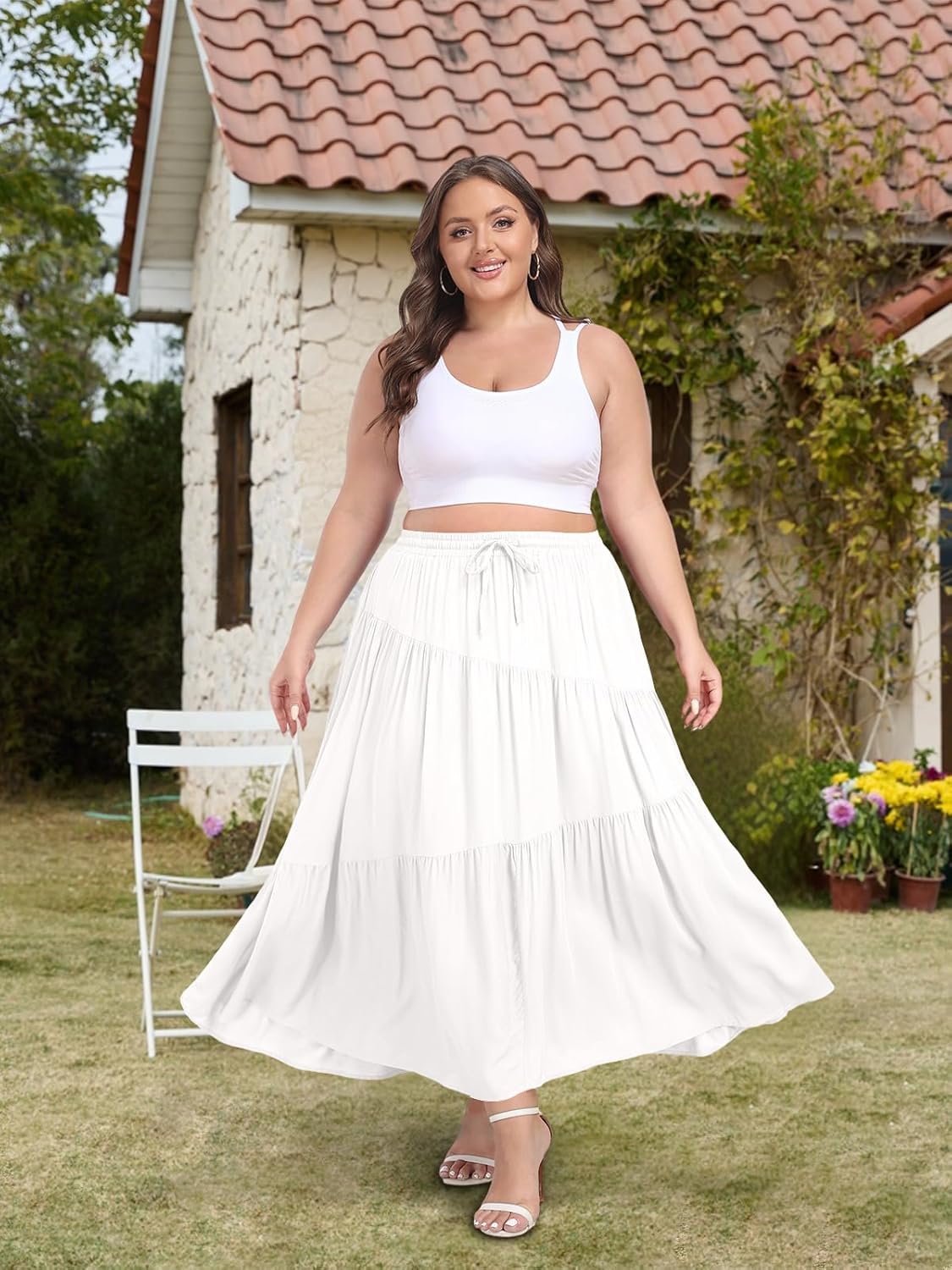 Moon Wood Plus Size Boho Maxi Skirts for Women Long Flowy High Waisted Tiered A-Line Skirt with Pockets Beach Summer Causal - Image 6