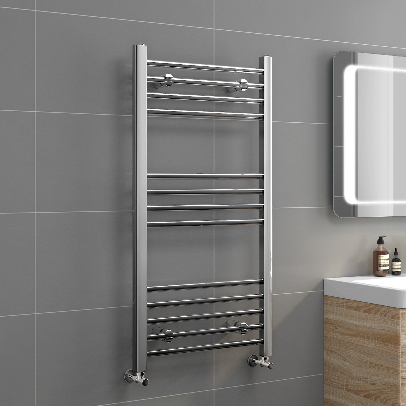 iBathUK Zypher Straight Wall Mounted Heated Towel Rail, 13 Column Steel Hydronic Central Heating High Thermal Output Designer Towel Radiator in Chrome, 1000 × 500mm