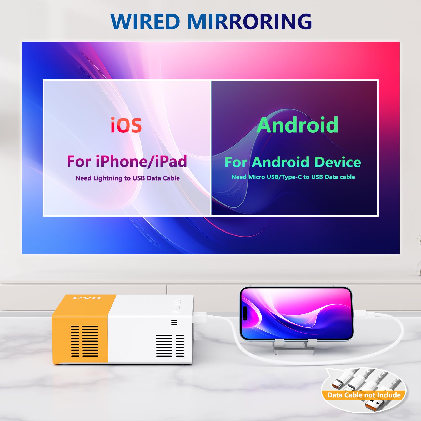 Proiettore, proiettore PVO WiFi Film Portatile, Schermo del Telefono può Essere Specchiato al Proiettore in Modalità Wireless o Tramite Cavo Dati, Compatibile con Phone/Tablet/Laptop/TV Stick/USB