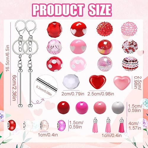 Miniatura 2 de 15 juegos de barras de llavero con cuentas de San Valentín, llavero de bricolaje con cuentas acrílicas rosas y borlas con cuentas de corazón con