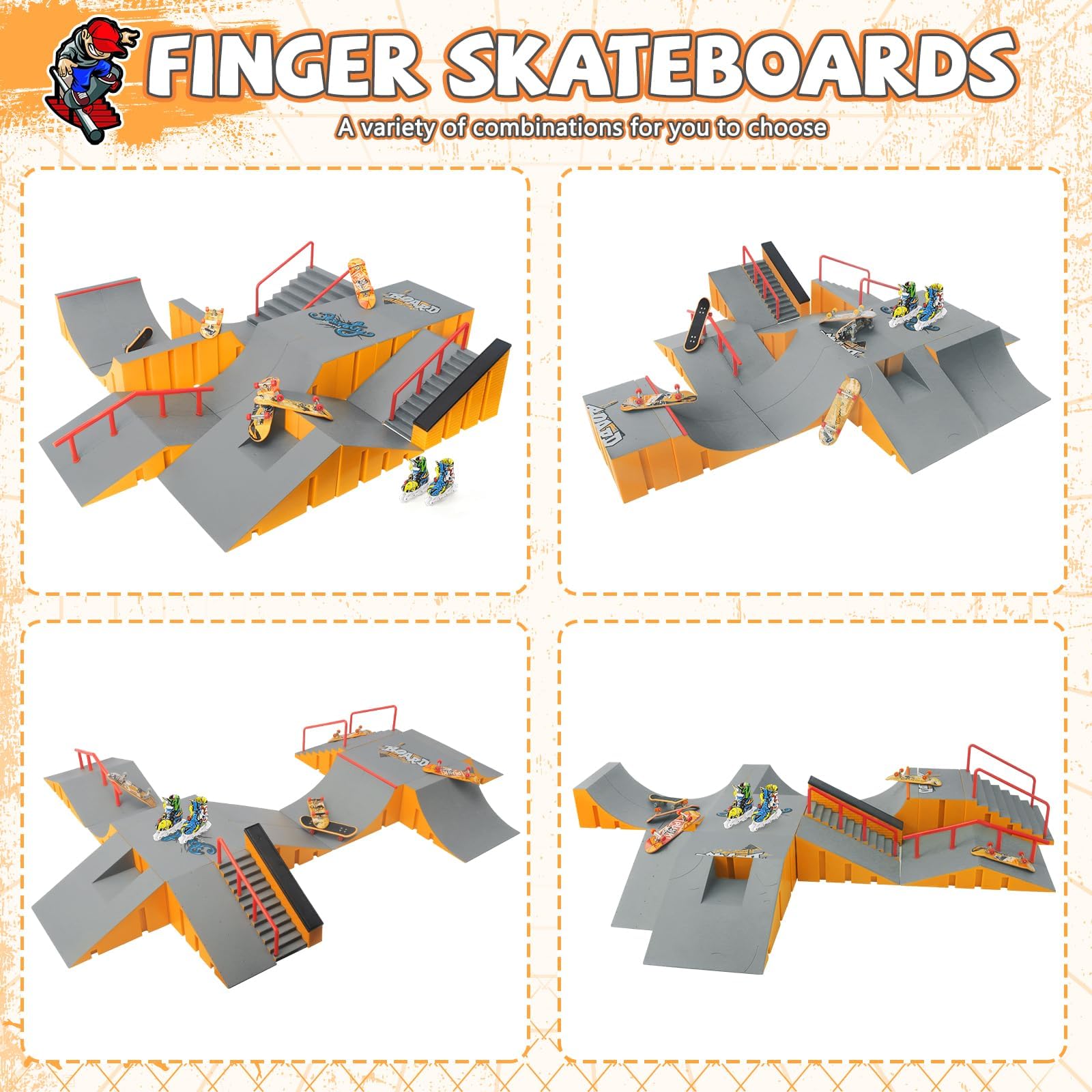 Tlater Finger Skateboard Park Kit Mini Finger Skateboard Rampa Kit DIY Montaje Diapasón Patineta Parque para Niños Regalo de Cumpleaños Amarillo 14 - en 1